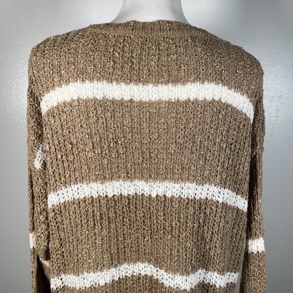 Double Zero Brown White Stripes Round Crew Neck Long Sleeve Knit Sweater M - Picture 10 of 14